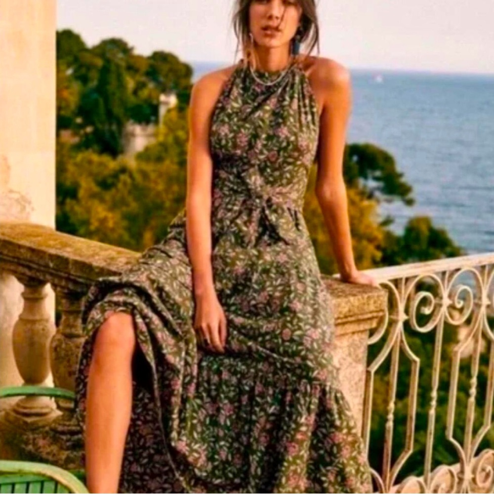 Sezane Cotton Floral Halter Maxi Dress